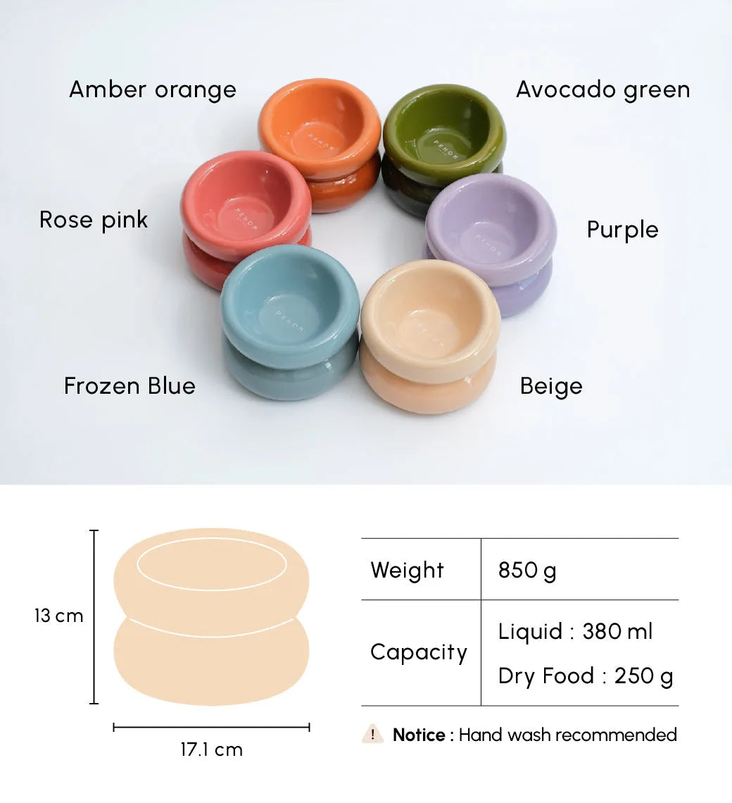 Cream beige pet bowl with a diagonal opening design, 13cm tall, and stable wide base for comfortable feeding.