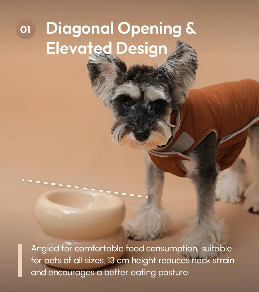 Cream beige pet bowl with a diagonal opening, designed for comfortable feeding and reducing neck strain.