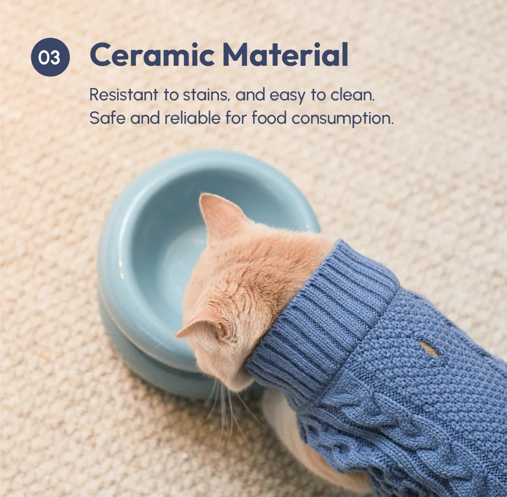 Frozen Blue ceramic pet bowl with a diagonal opening, designed for comfortable feeding.