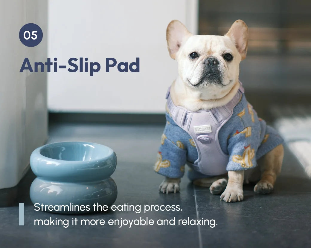 Soufflé Pet Bowl in Frozen Blue beside a French Bulldog wearing a cozy sweater, showcasing its stylish, anti-slip design.