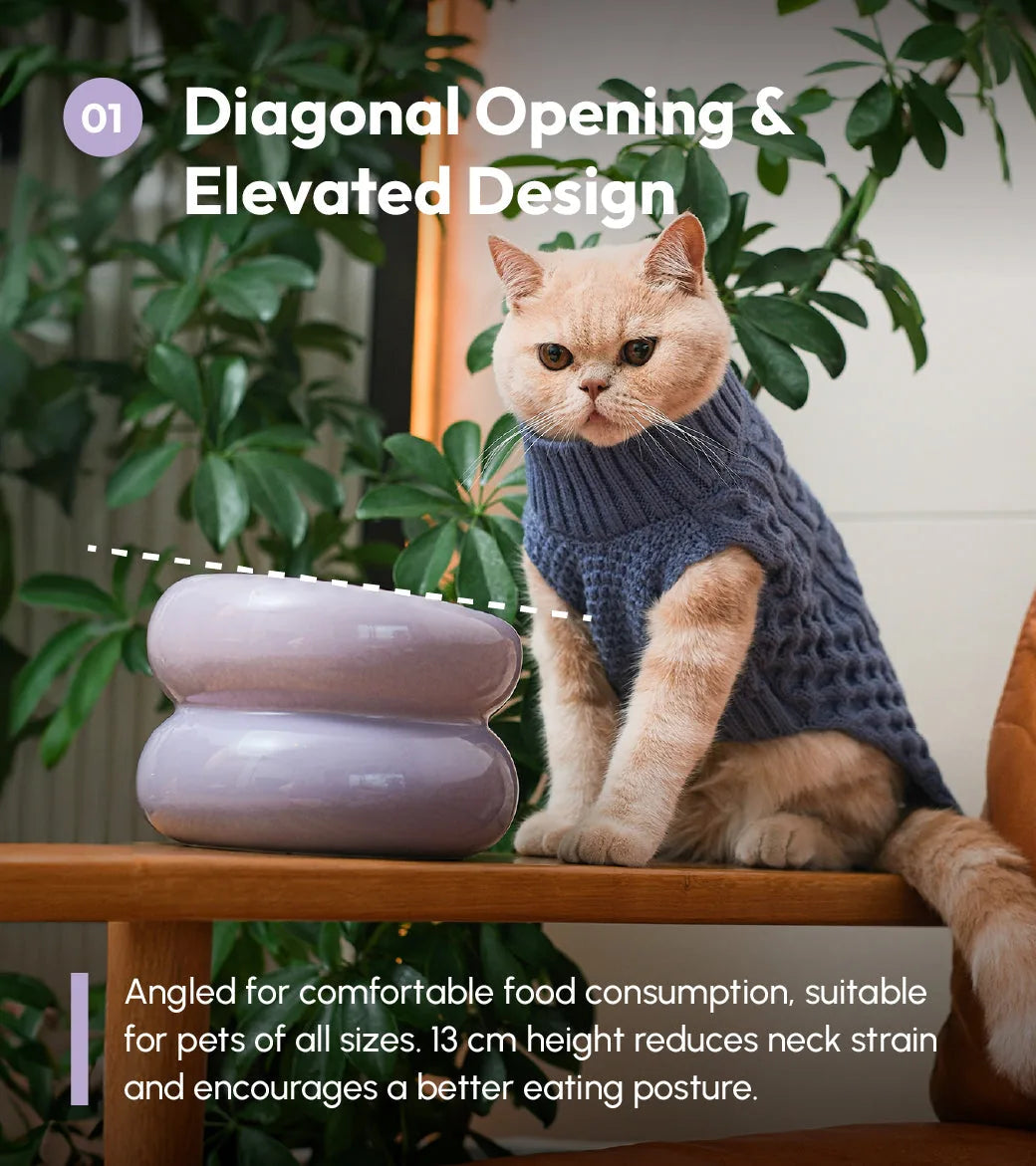 Purple Soufflé pet bowl with a diagonal opening, designed for comfortable feeding and elevated for easier access.
