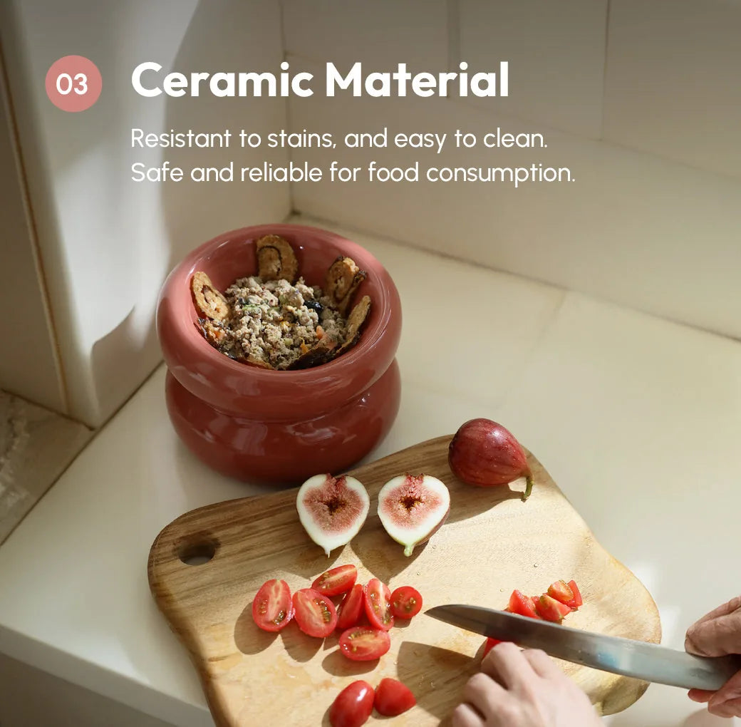 Rose pink ceramic Soufflé Pet Bowl filled with food, resting on a light countertop alongside chopped tomatoes and figs.