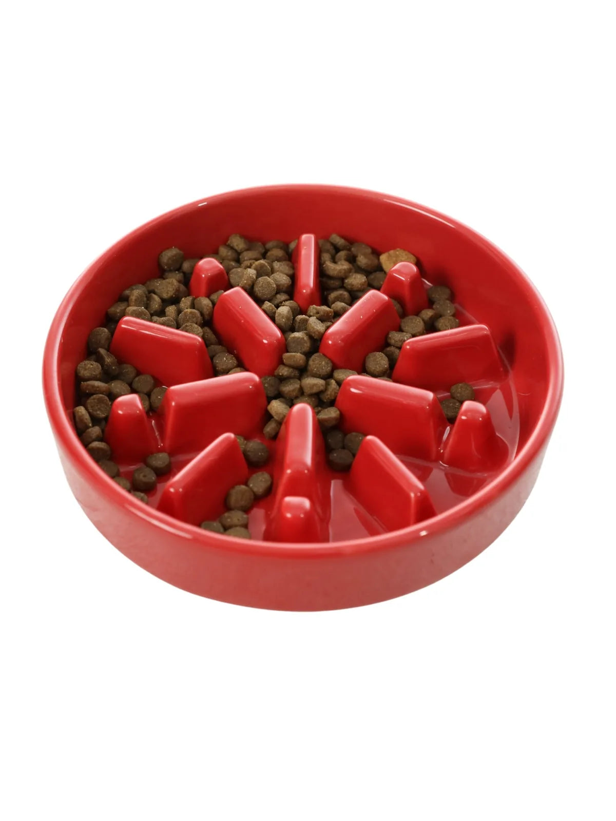 Red slow feeder dog bowl with raised obstacles, filled with dry dog food, promoting slower eating for better digestion.