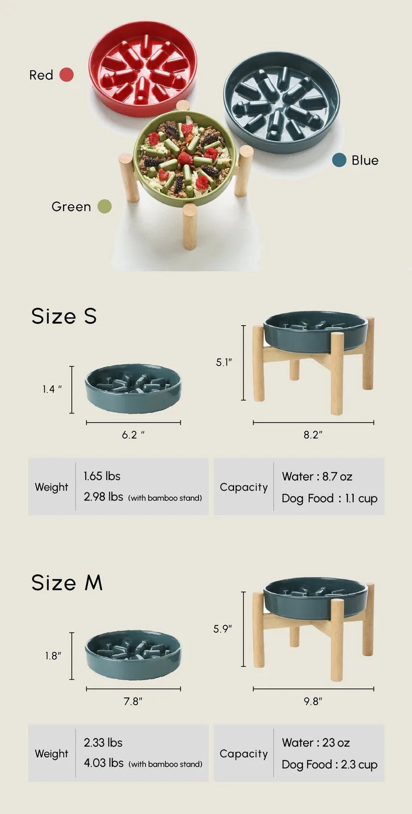 Slow feeder dog bowls in red, green, and blue ceramic with a stylish design, featuring a silicone base for stability.
