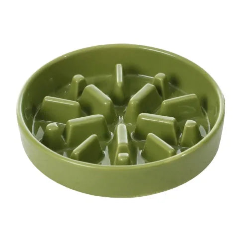 Green slow feeder dog bowl with raised ridges designed to promote slower eating and better digestion.