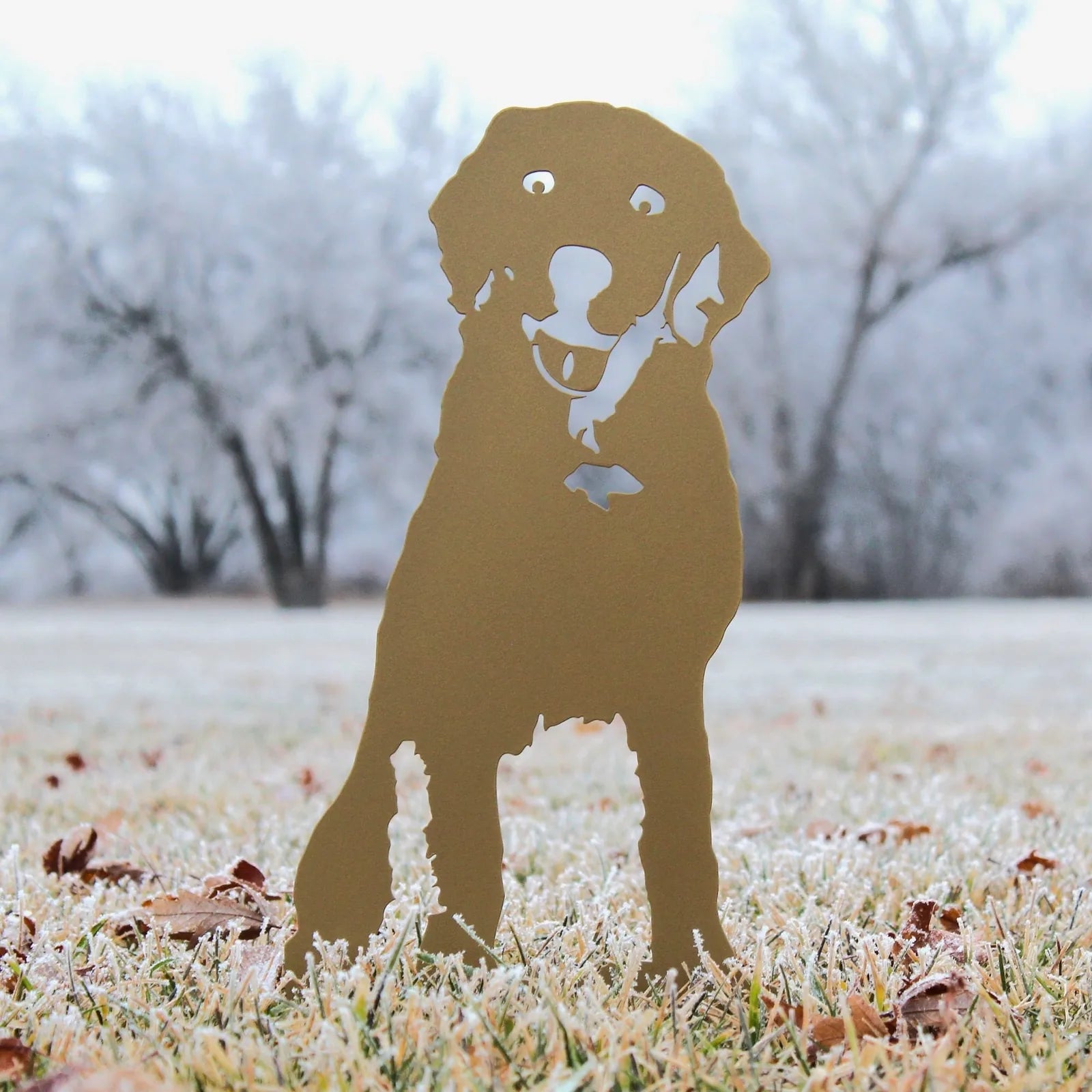 Special Edition gold Labrador Retriever metal silhouette standing on frost-covered grass, showcasing a joyful expression.