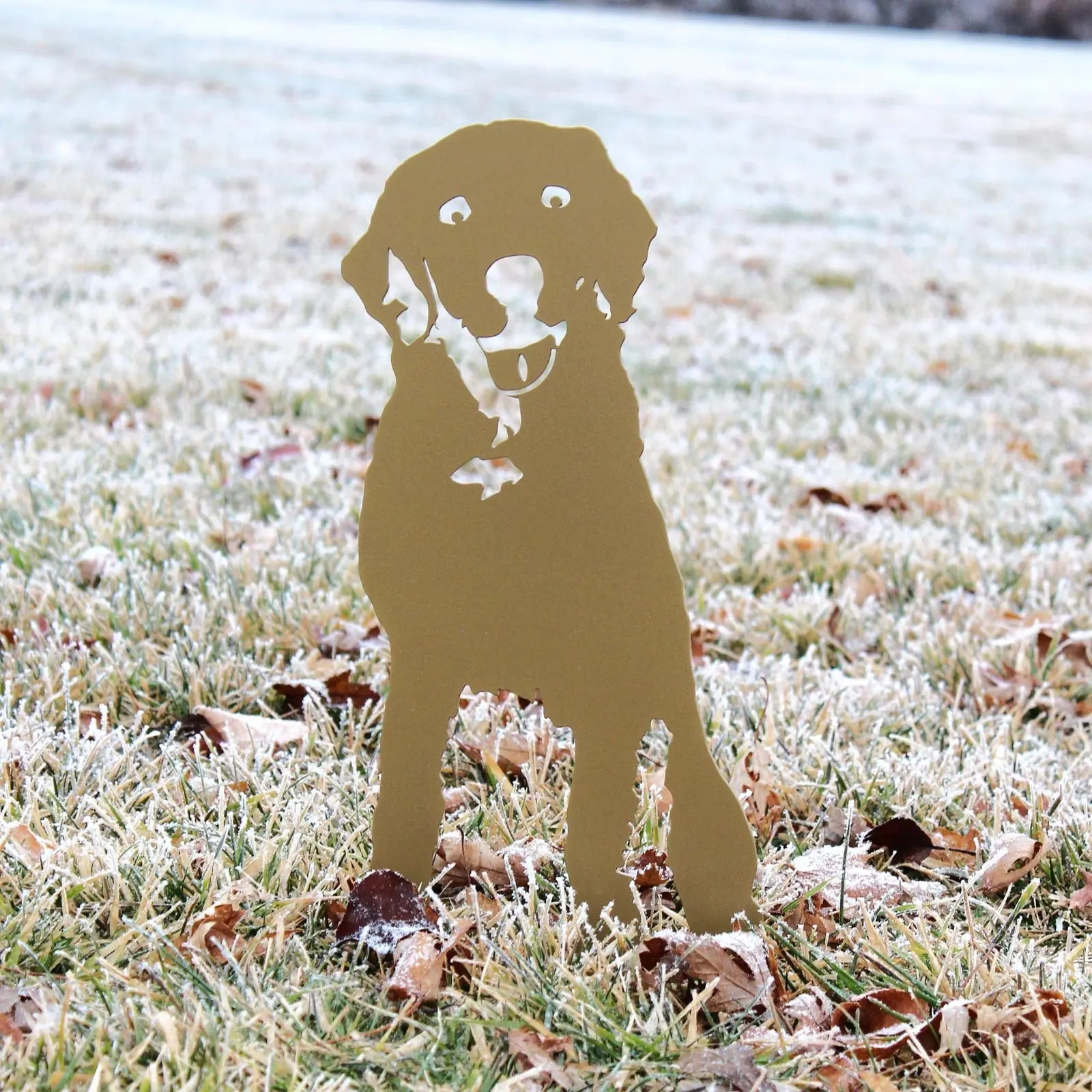 Gold Labrador Retriever metal silhouette standing on frosty grass with fallen leaves, showcasing a sleek, modern design.
