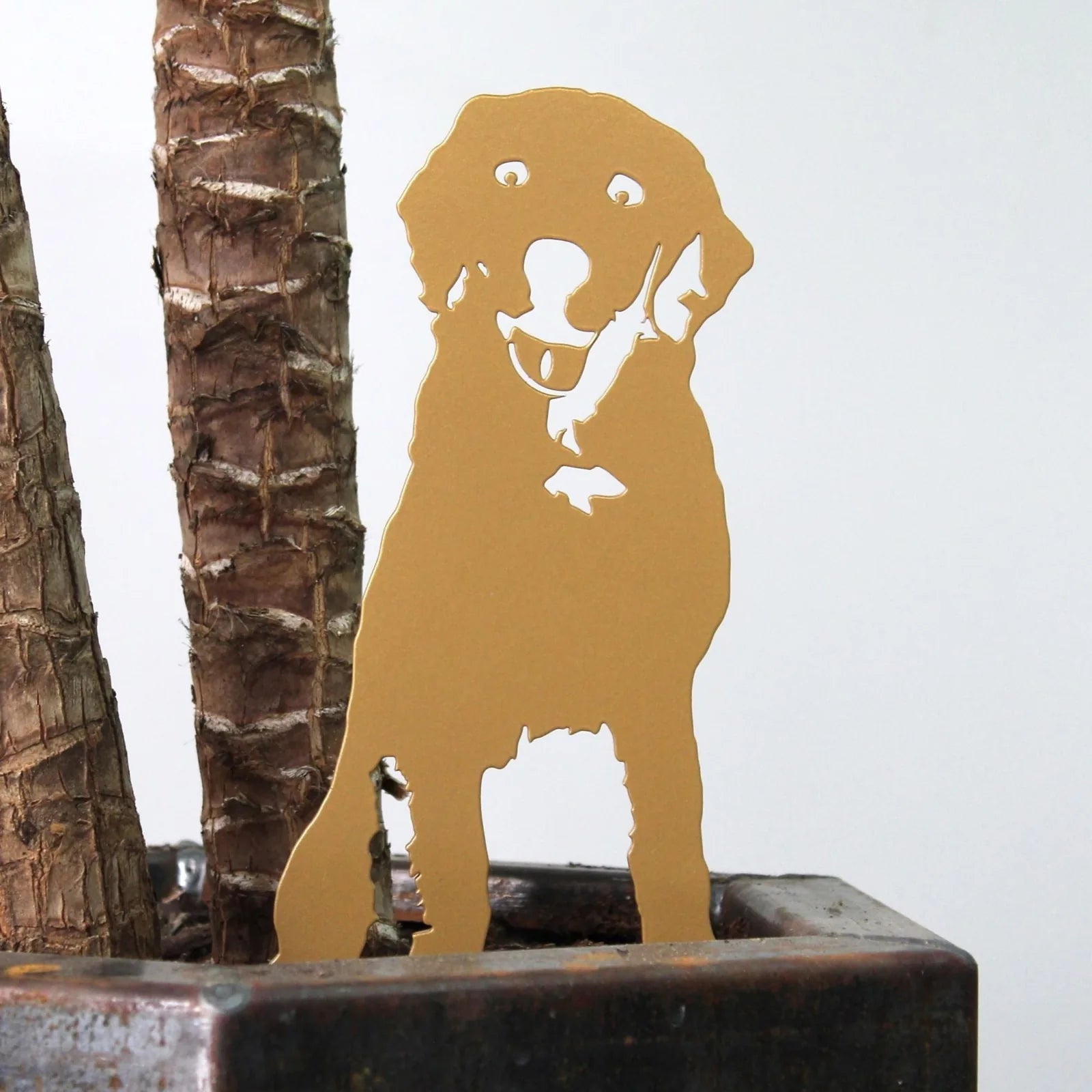 Gold Labrador Retriever silhouette made of weathering steel, displayed beside tree bark in a rustic planter.