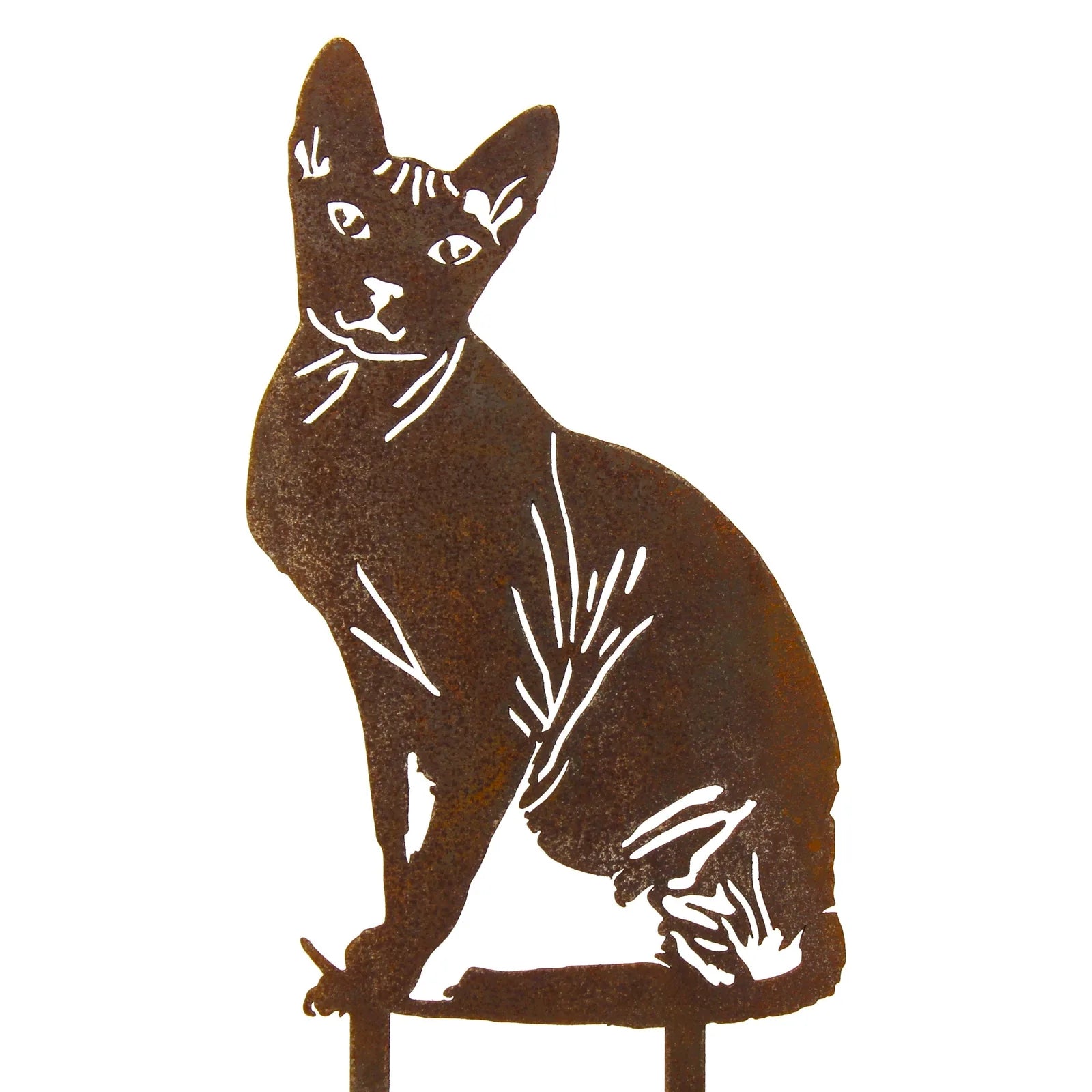 Rusty Corten steel Sphynx cat silhouette, featuring detailed cutouts for garden decor. Perfect for outdoor spaces.