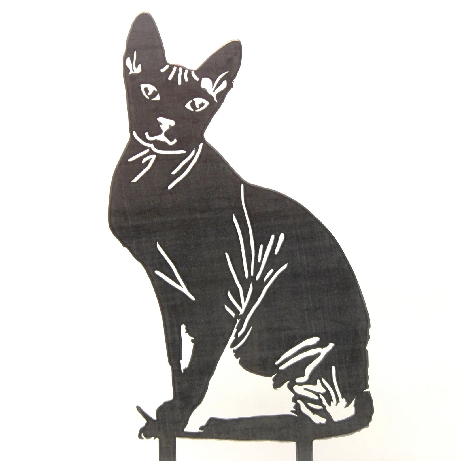 Black metal silhouette of a sitting Sphynx cat, showcasing intricate details and lines, ideal for garden decor.