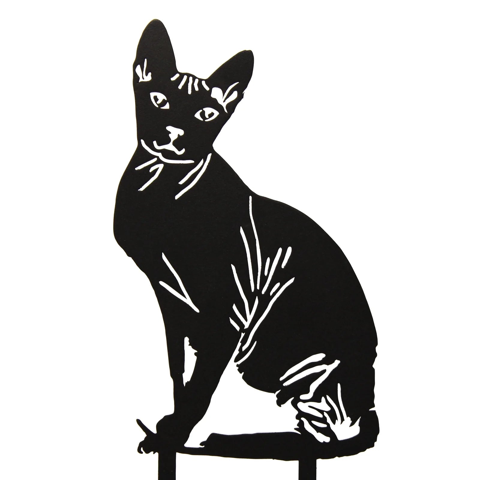 Black metal Sphynx cat silhouette garden art with detailed cutouts, ideal for outdoor decoration.
