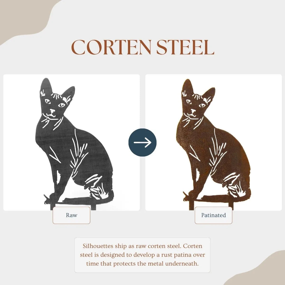 Sphynx cat silhouette shown in raw corten steel on the left and rust-patinated version on the right.