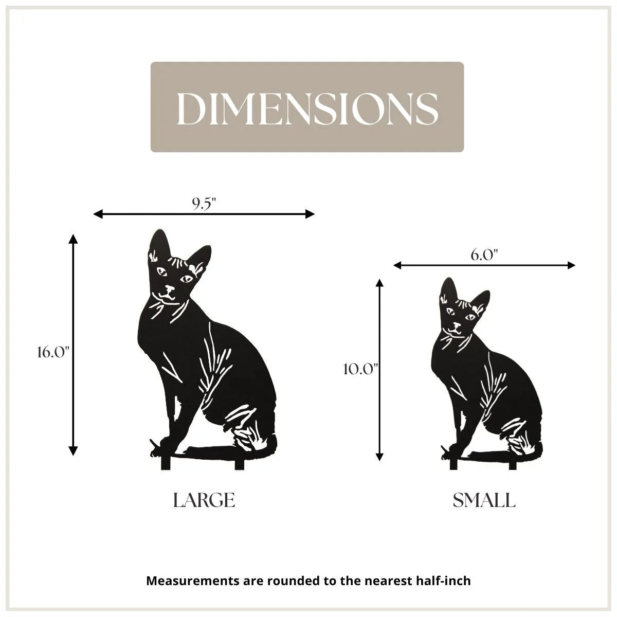 Black Sphynx silhouette garden art with dimensions for small and large options, showcasing sleek metal design.