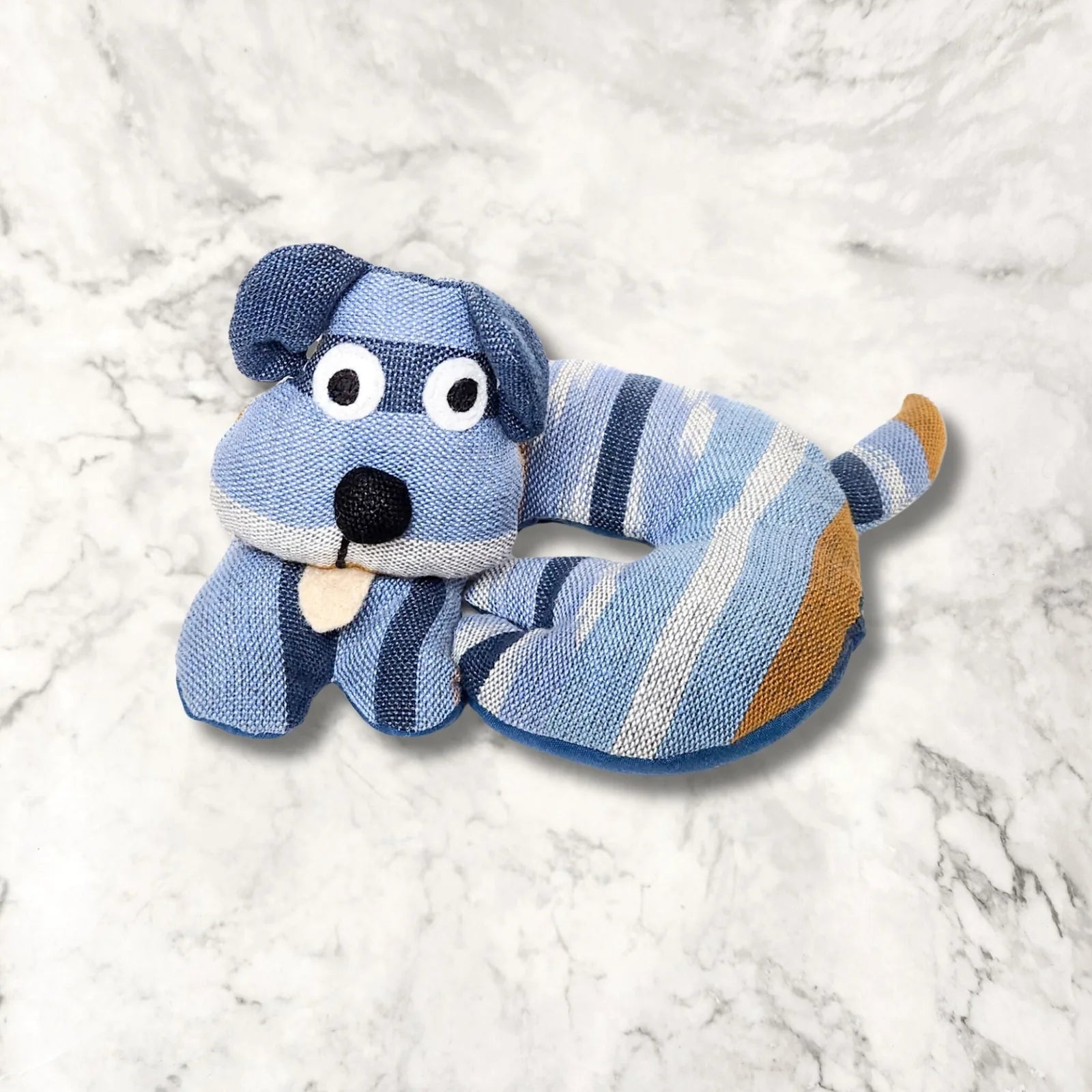 Handmade blue striped dog trivet with a playful design, featuring an adorable face and soft, textured fabric.