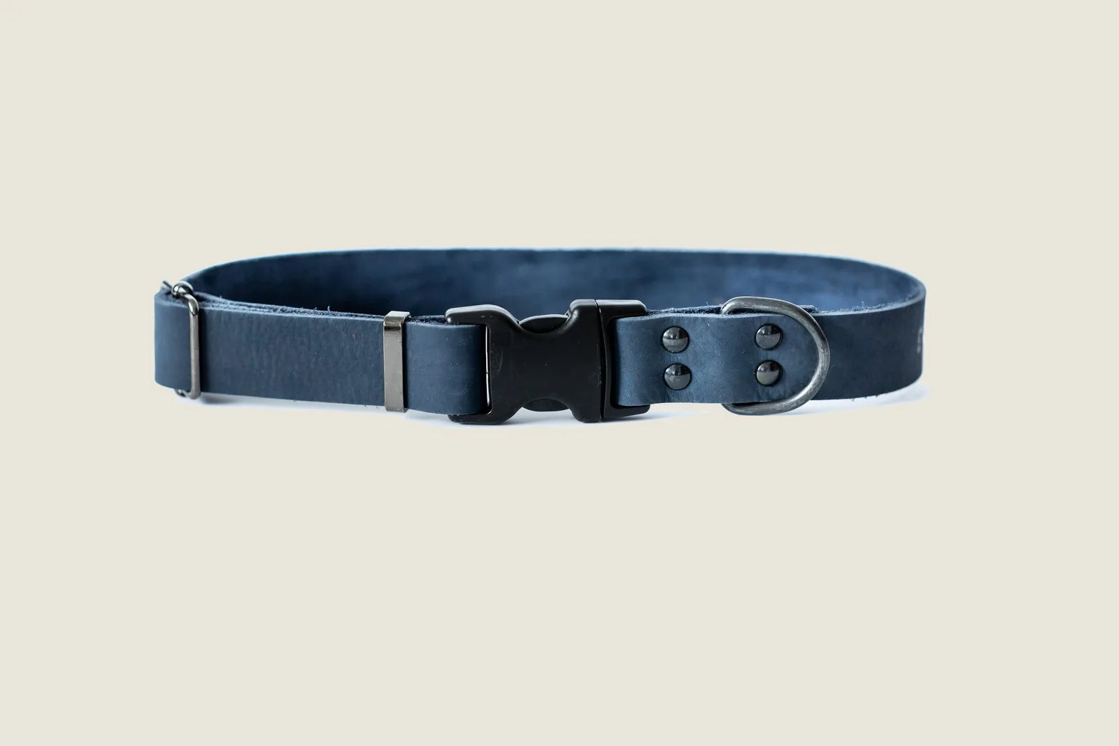 Sporty blue jeans leather dog collar featuring durable materials and quick-release black hardware.