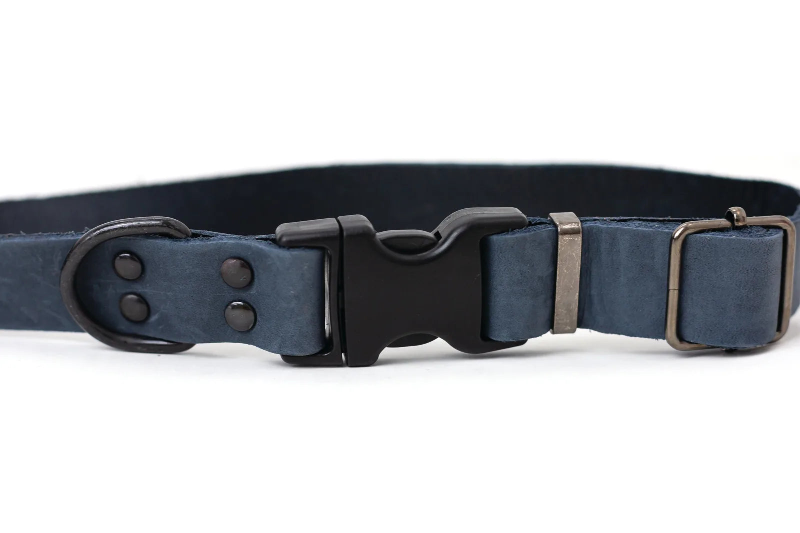 Sport style blue jeans leather dog collar in dark blue with black hardware and a quick-release buckle, ideal for active dogs.