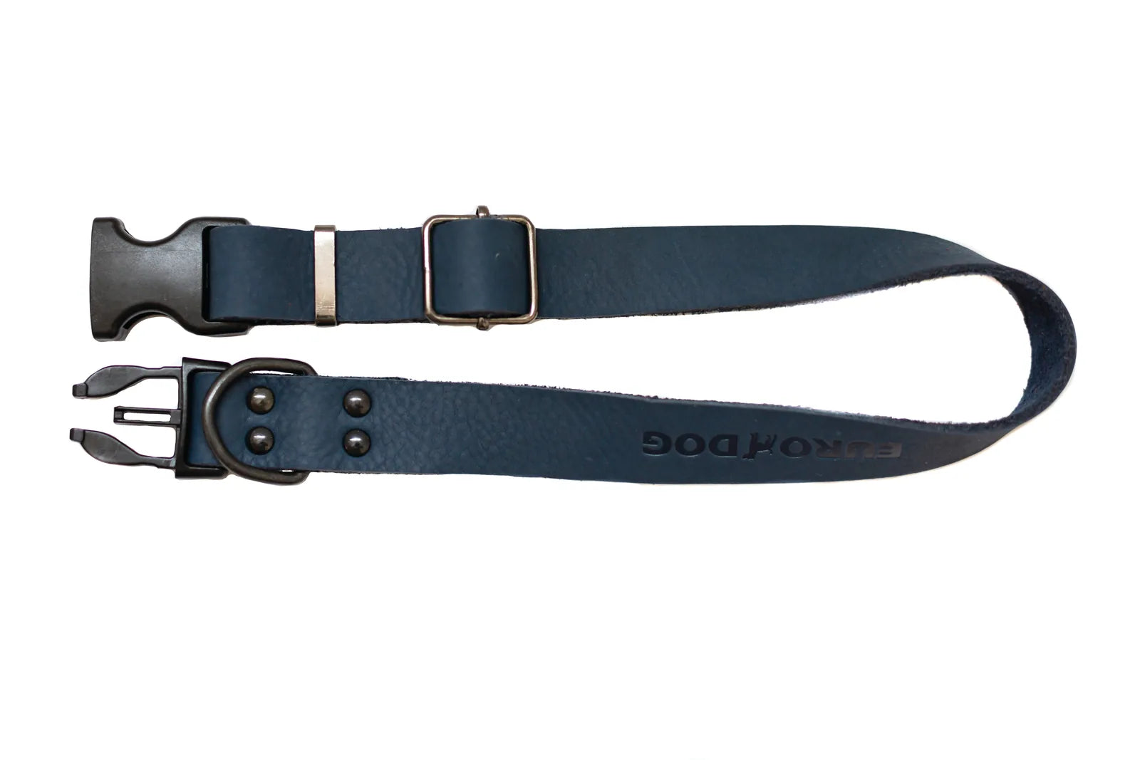 Sport-style blue jeans dog collar in durable blue leather with quick-release buckle and black metal hardware.