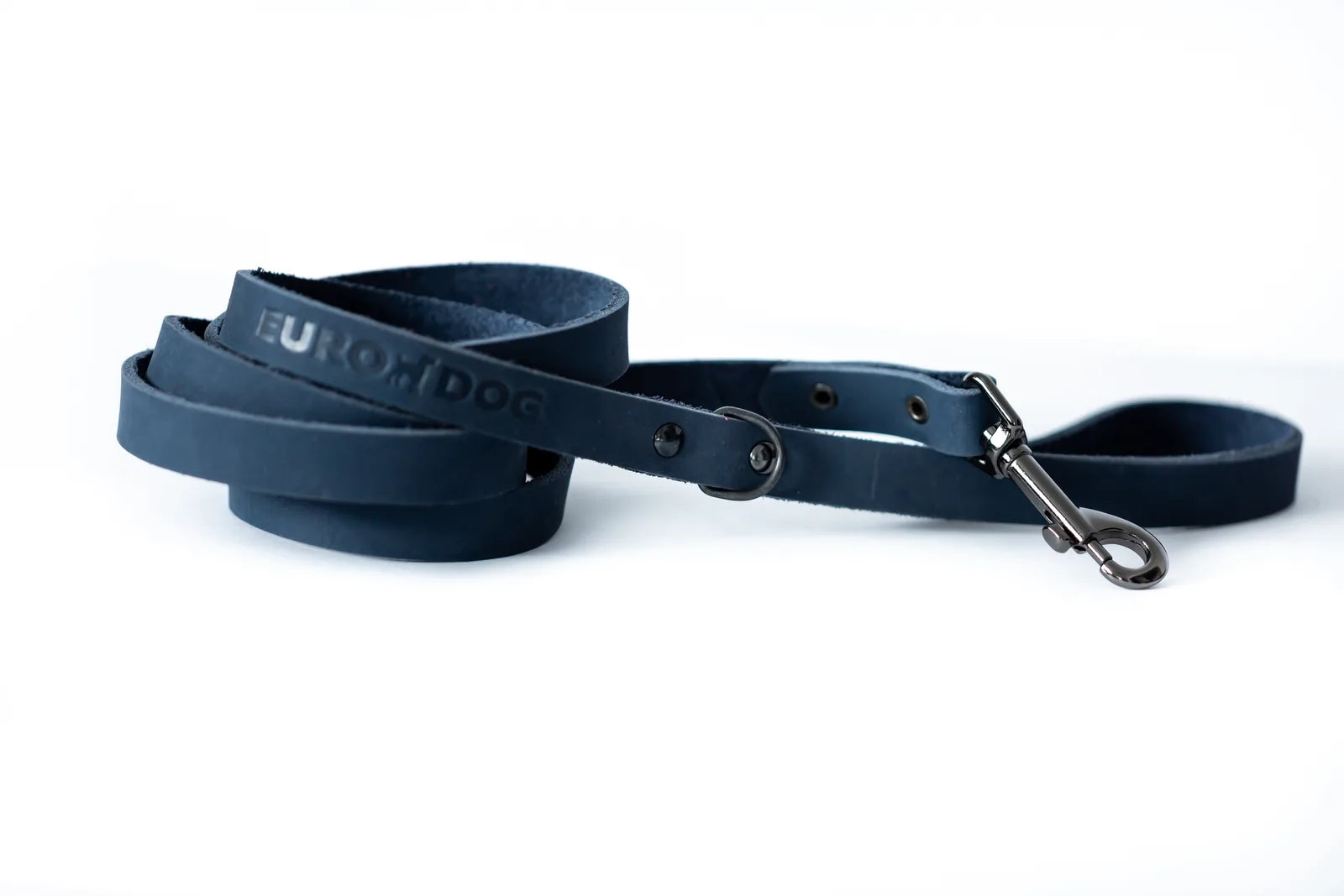 Blue jeans leather leash with black hardware, rolled and lying flat on a white background, featuring Euro-Dog logo.