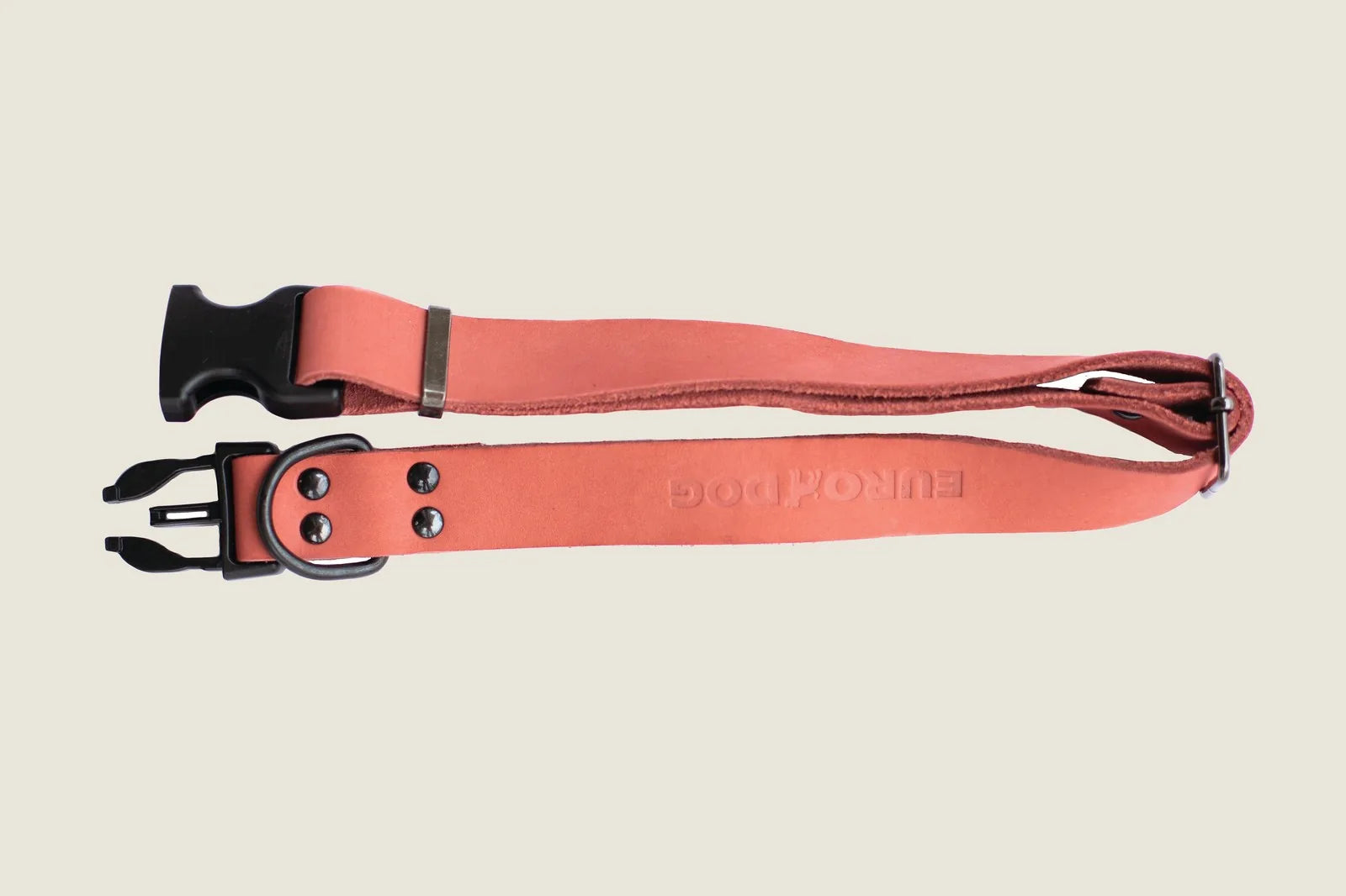 Sport-style coral reef leather dog collar with black hardware and no stitching, featuring YKK quick-release buckle.