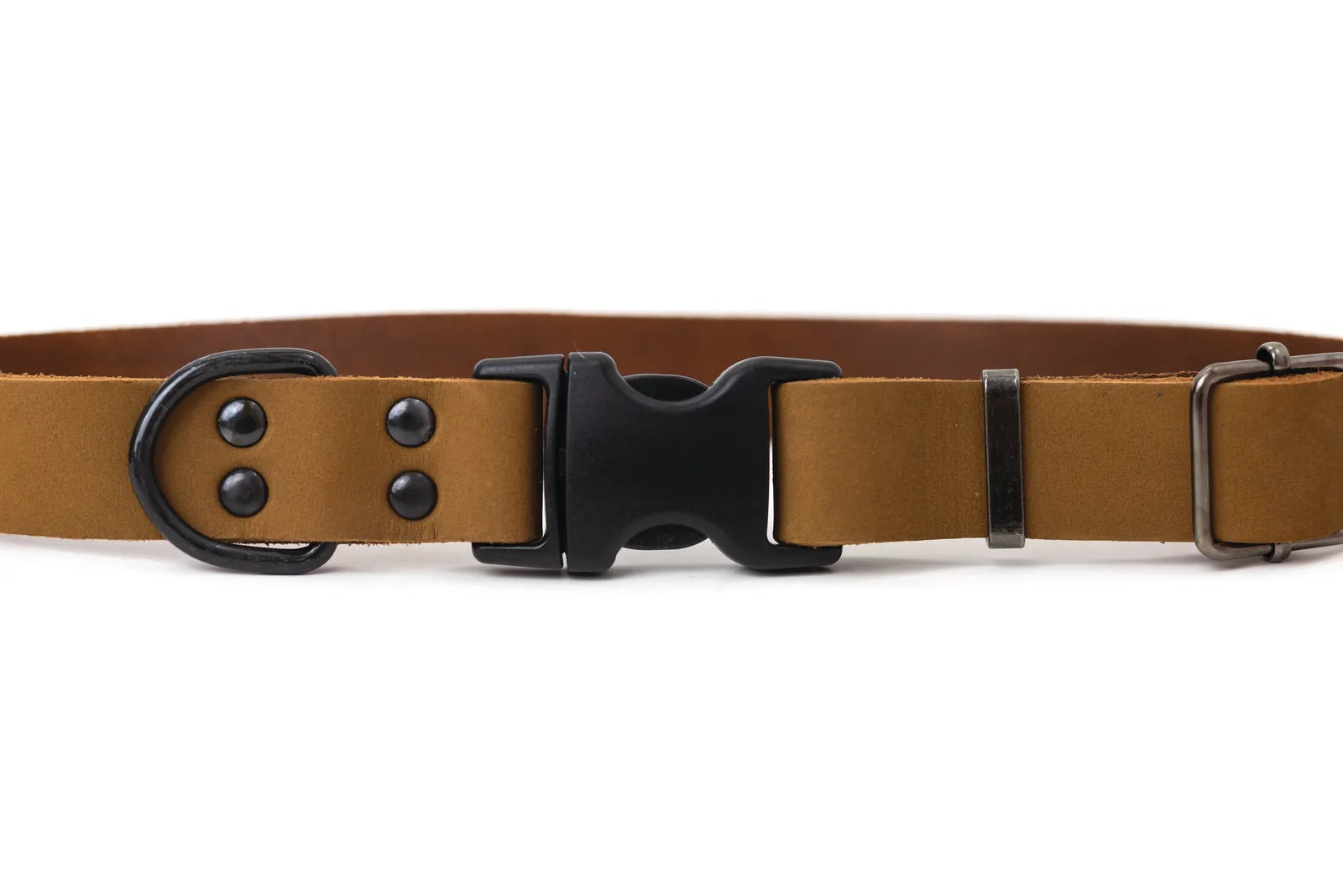 Sporty earth brown leather dog collar featuring a quick-release buckle and metal hardware for durability and style.