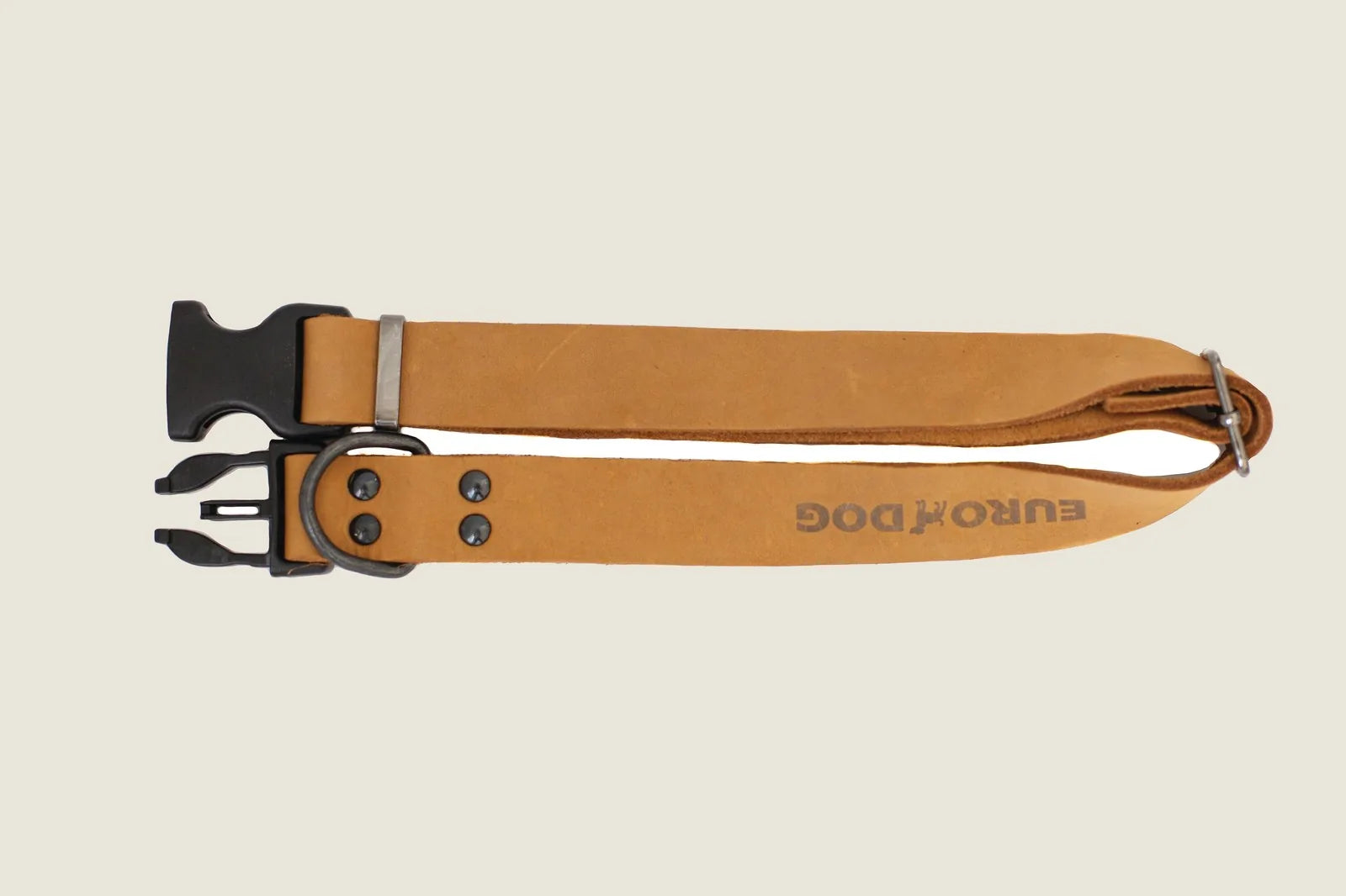 Sporty khaki leather dog collar with black buckles and hardware, featuring a simple, sturdy design by Euro-Dog.