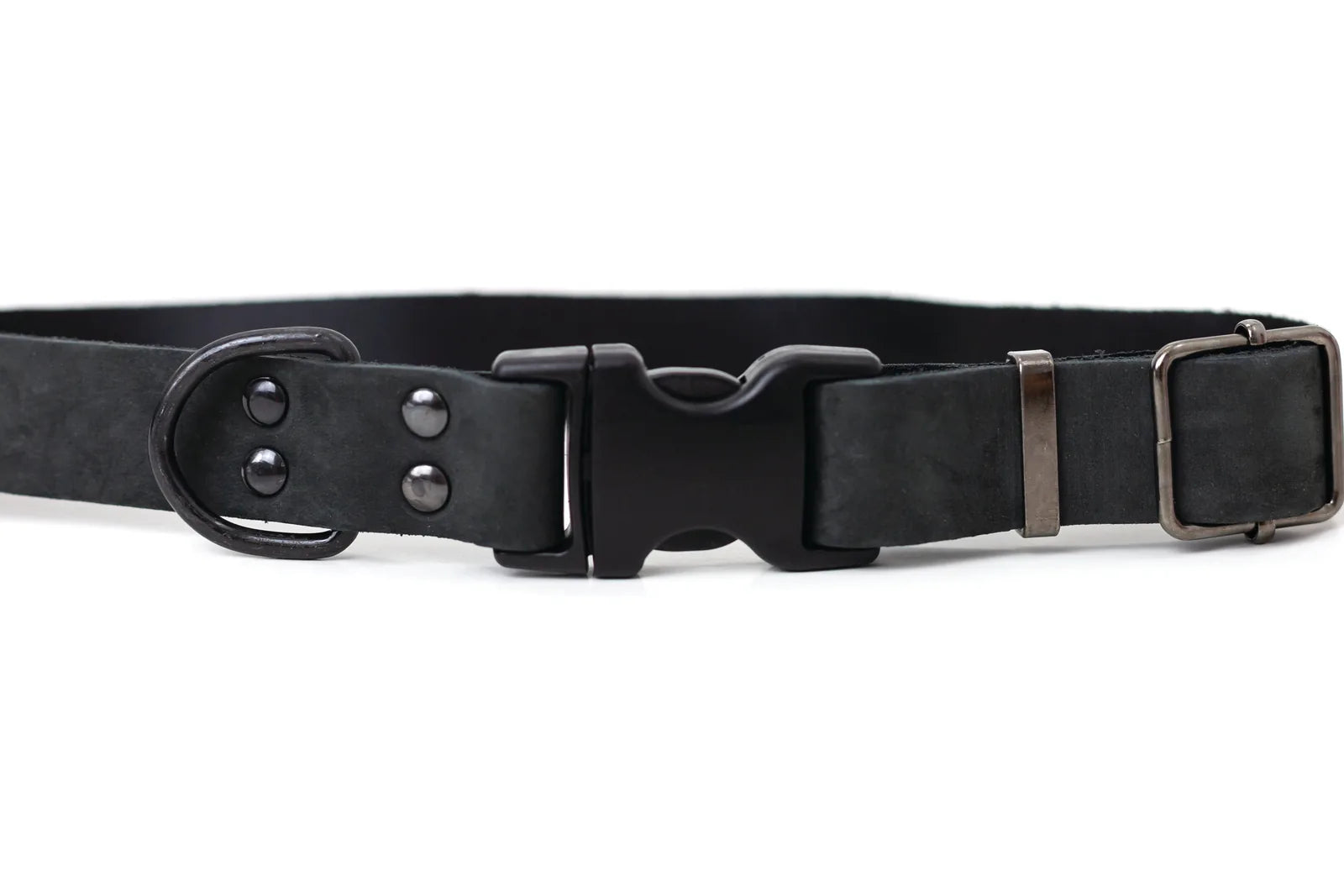 Sport style midnight black leather dog collar featuring a quick-release buckle and sleek, minimalist design.