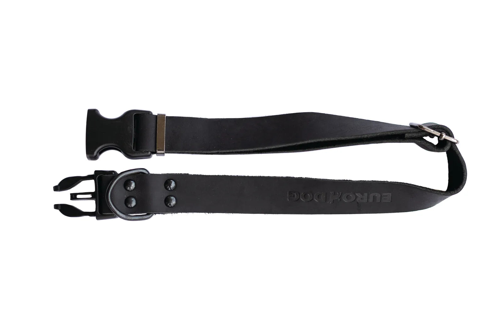 Sporty midnight black leather dog collar with a quick-release buckle and sleek design for active dogs.