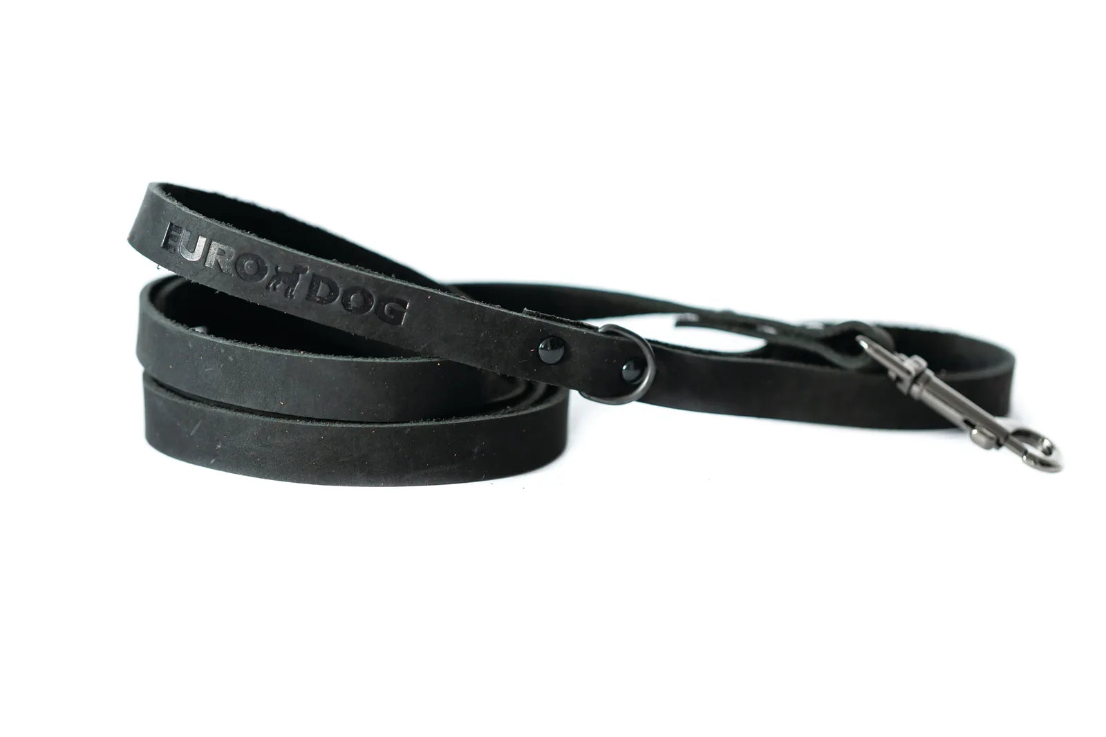 Midnight black leather dog leash featuring Euro-Dog branding, crafted for durability and a clean, sporty design.