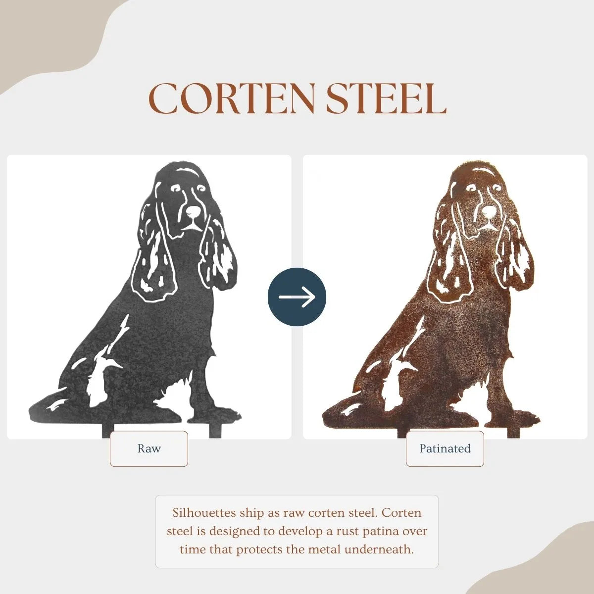 Springer Spaniel metal silhouette comparison showing raw and patinated Corten steel finishes.
