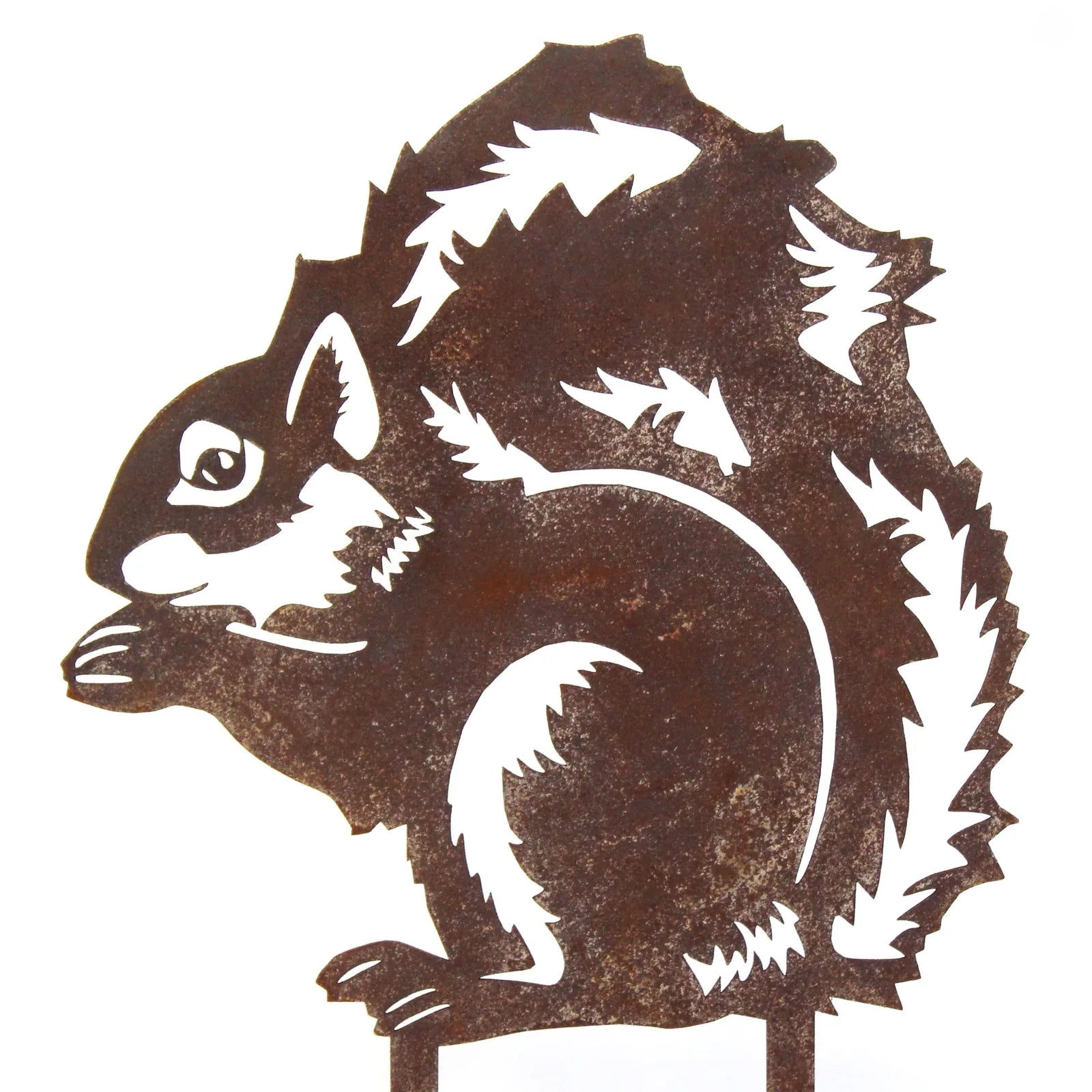 Handmade Corten steel silhouette of a squirrel, showcasing a rustic patina and intricate detailing for garden decor.