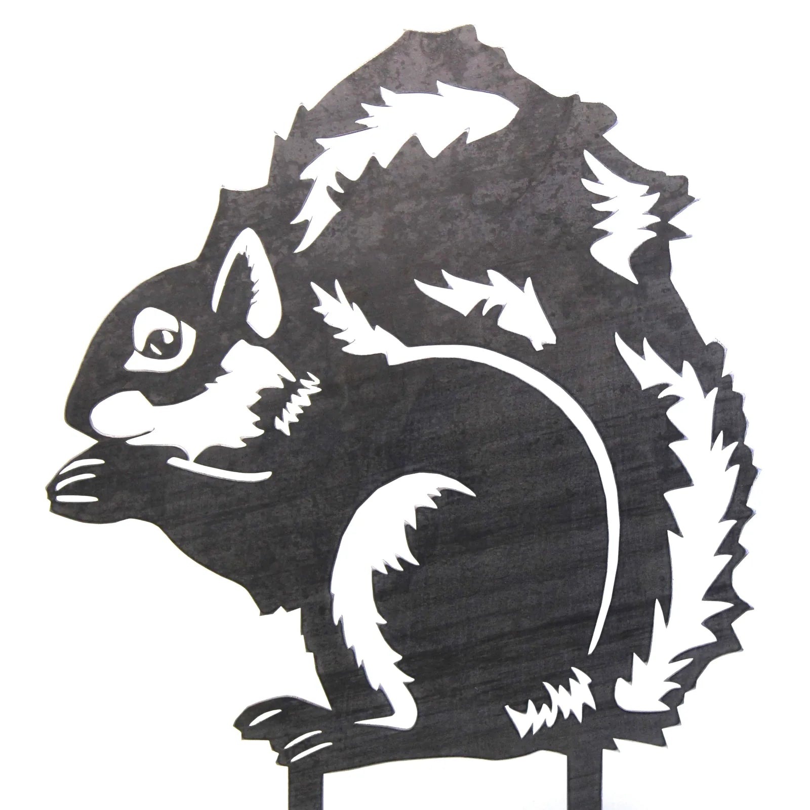 Black metal silhouette of a squirrel with detailed features, perfect for outdoor garden decor.