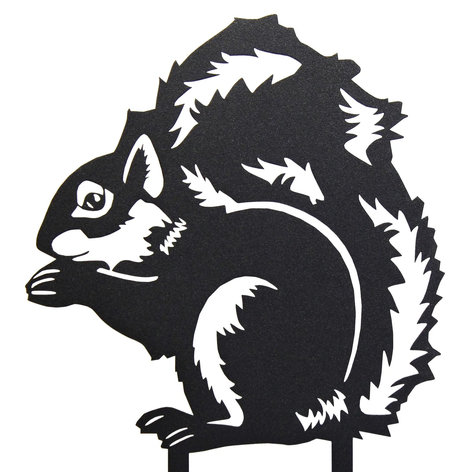 Black metal silhouette of a squirrel, featuring detailed fur and a curious pose, perfect for outdoor garden decor.