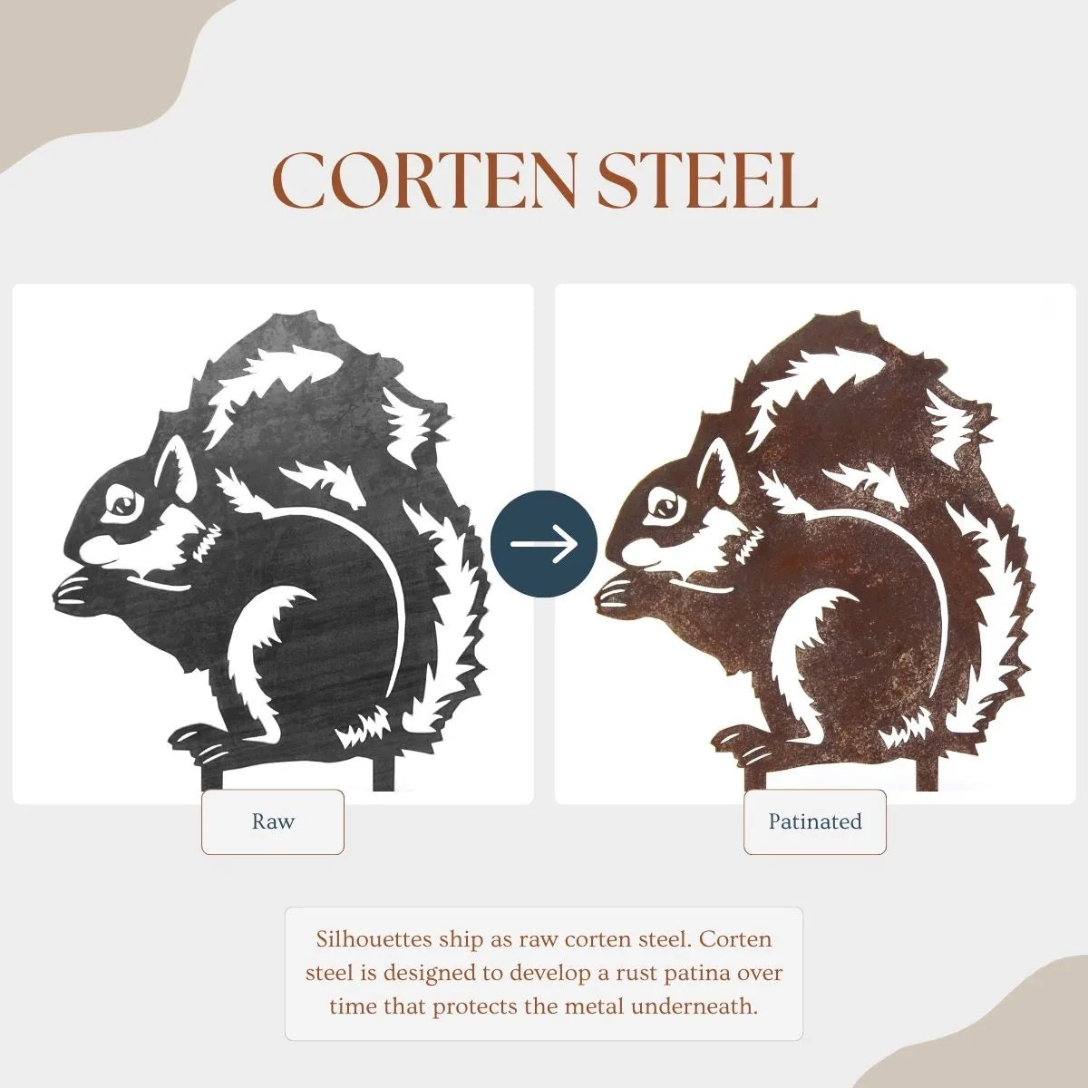 Handmade metal squirrel silhouette showcasing both raw and patinated Corten steel finishes. Ideal for garden decor.