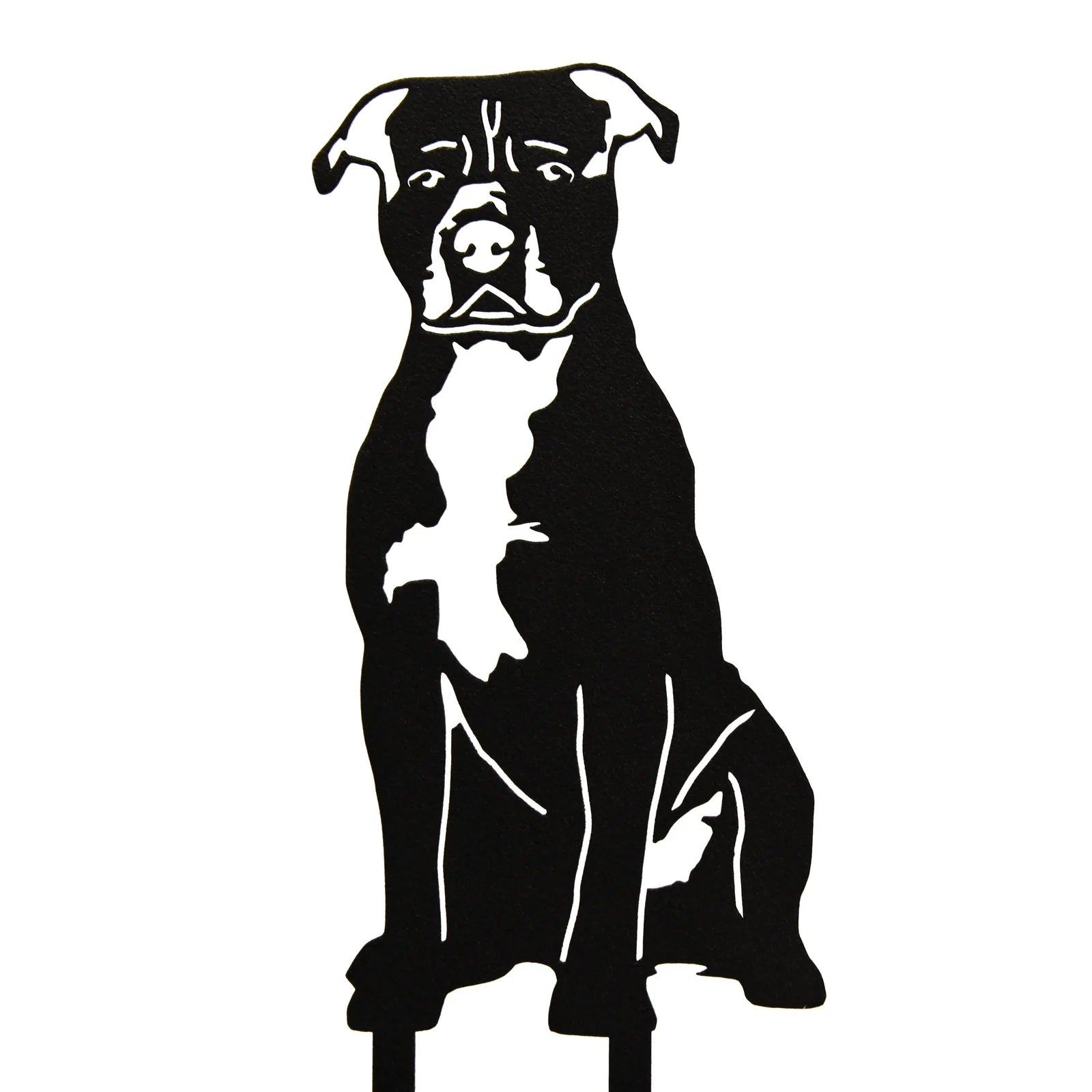 Black metal silhouette of a Staffordshire Bull Terrier with white detailing, ideal for dog-themed decor.