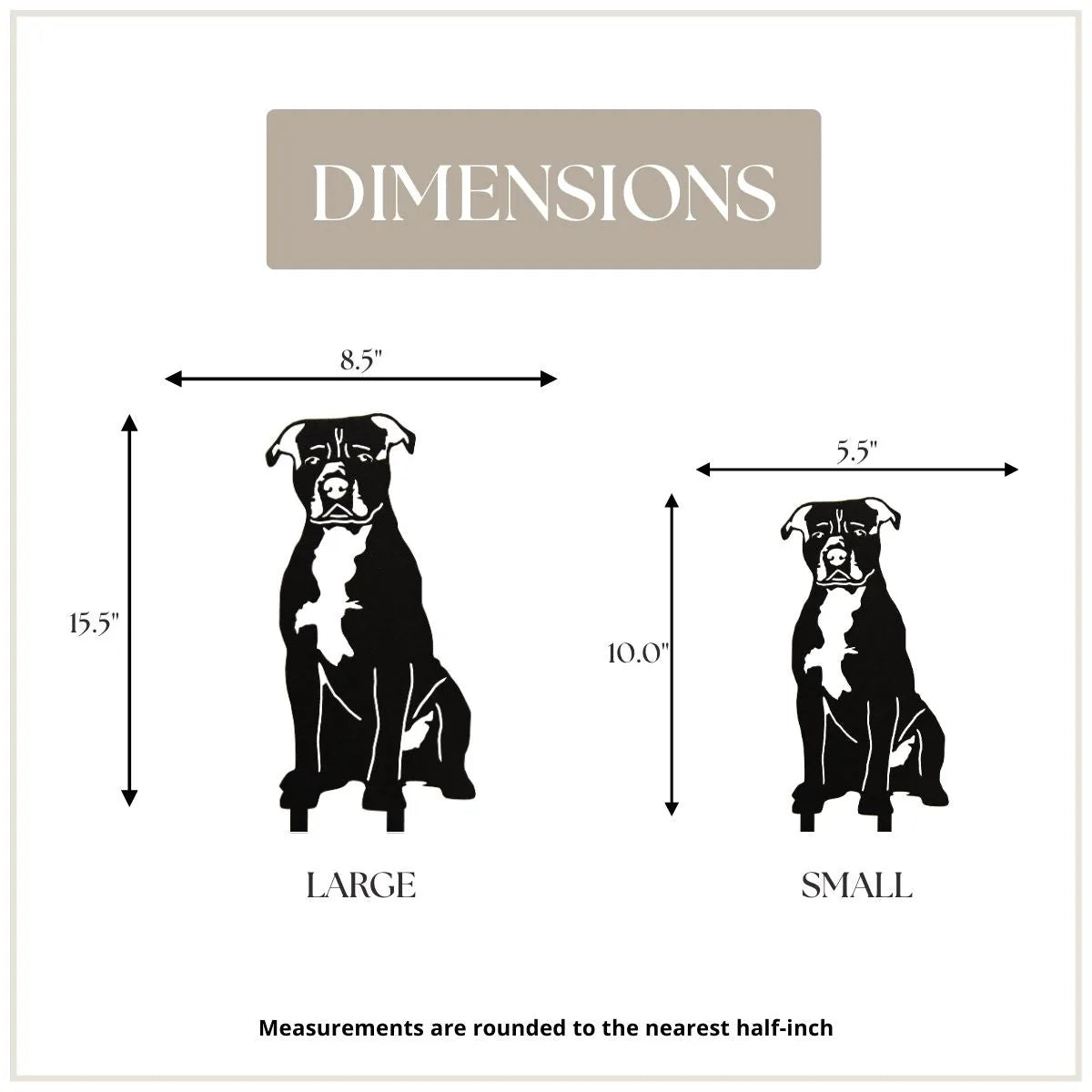 Staffordshire Bull Terrier metal silhouette displaying dimensions for large (15.5") and small (10") sizes in matte black.