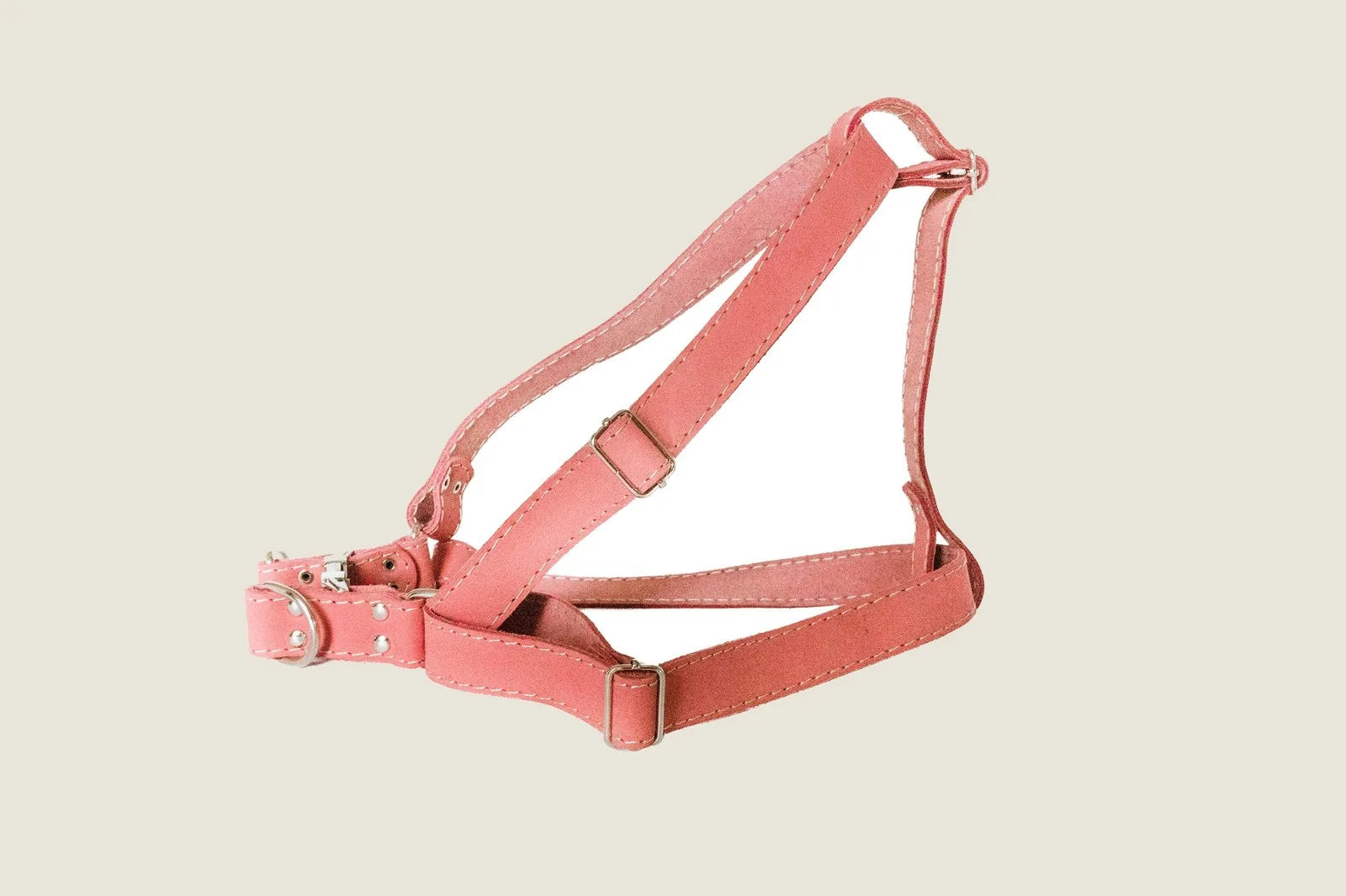 Coral super soft leather dog harness with adjustable straps and polished steel hardware, ideal for comfortable walks.