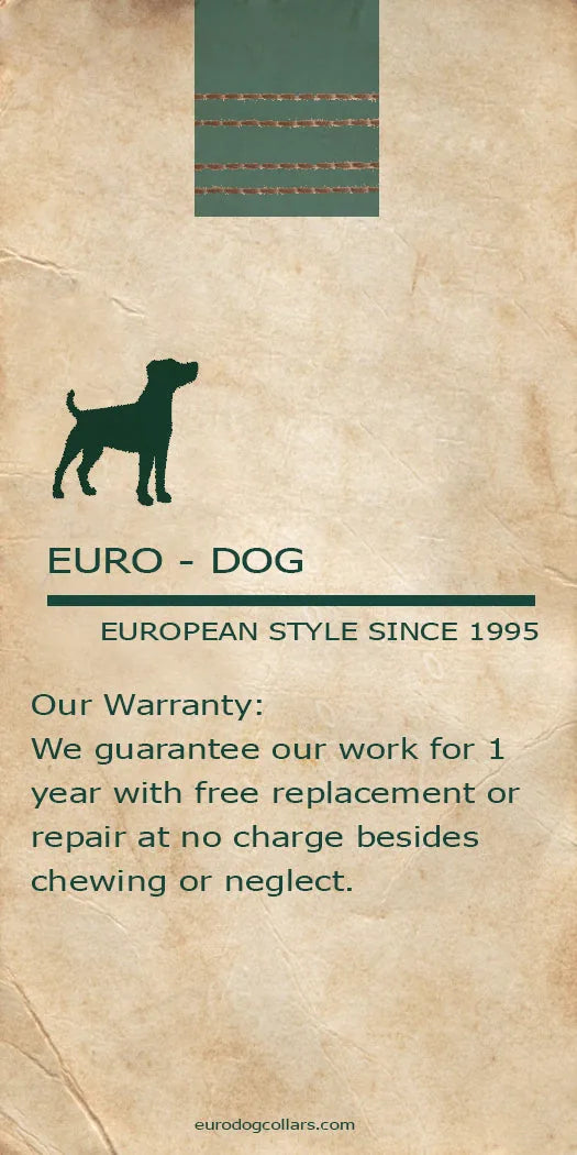 Warranty information card for Euro-Dog, featuring a dog silhouette and details about workmanship guarantee.