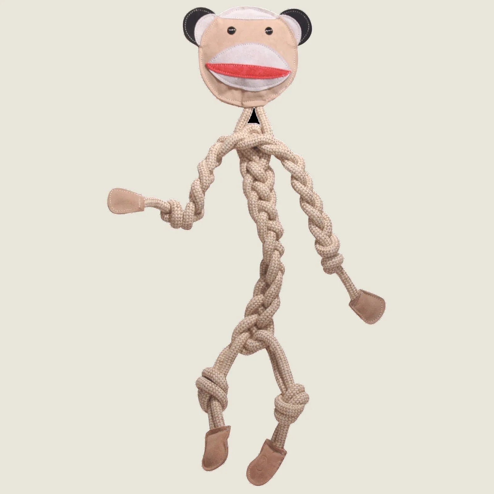 Stuey Sock Monkey dog toy features natural cotton and hemp rope, with a playful design and leather accents, measuring 19 i...