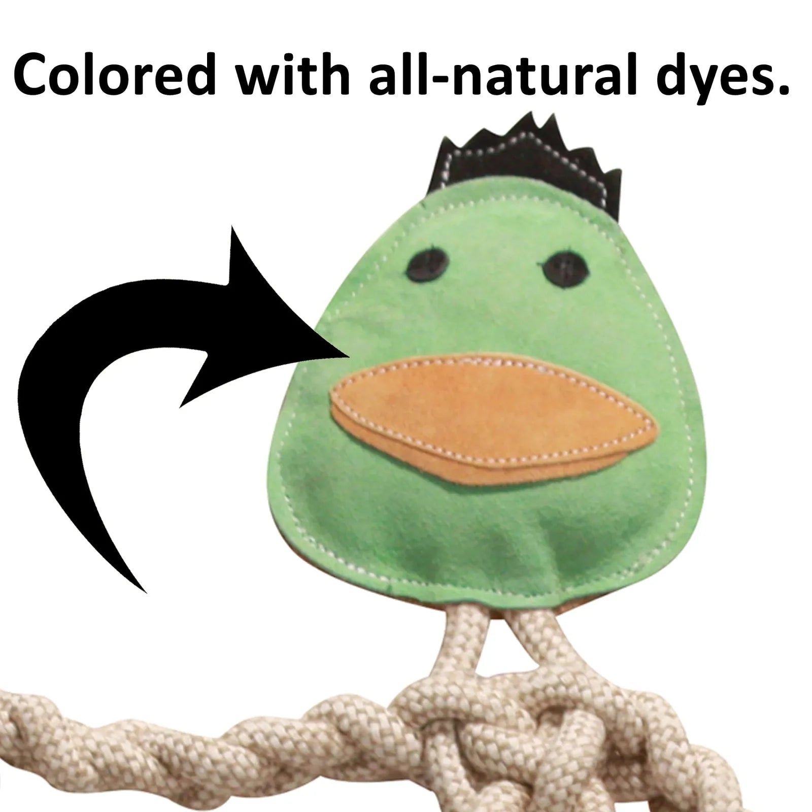 Green and tan Sock Monkey dog toy head with natural rope limbs, accented with soft suede and eco-friendly dyes.