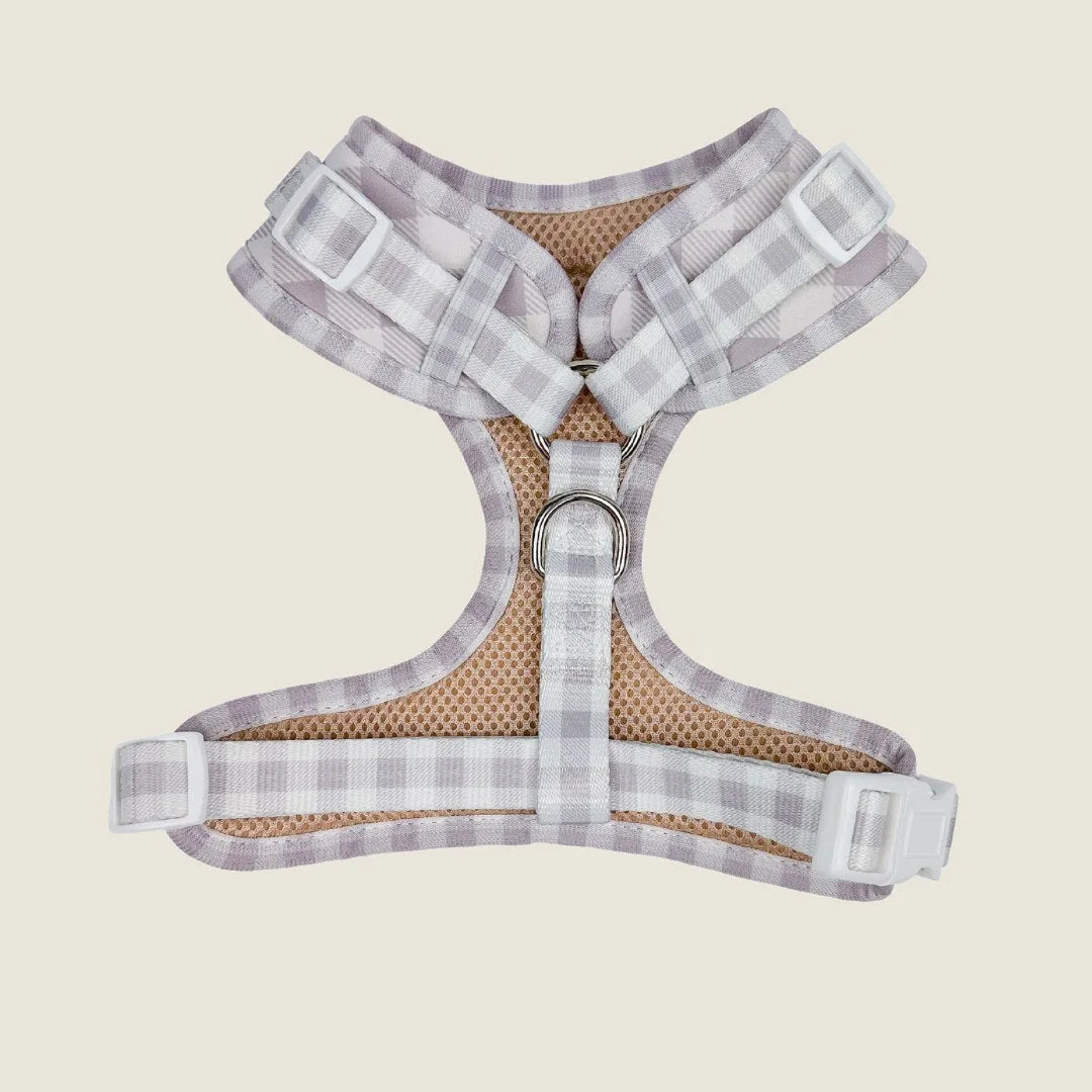 Sugar Plum Adjustable Harness in light purple plaid with breathable lining and adjustable straps for a comfortable fit.