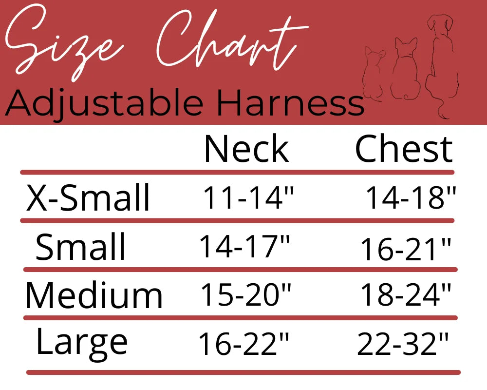 Size chart for adjustable harness showing neck and chest measurements for X-Small to Large sizes.