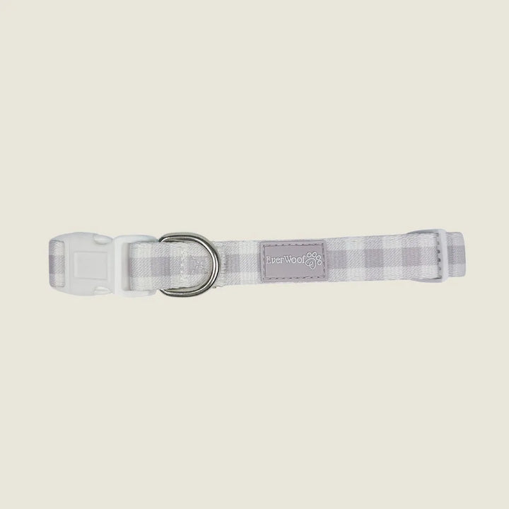 Adjustable Sugar Plum Collar by EverWoof in a gray plaid pattern, featuring neoprene padding and a silver D-ring.