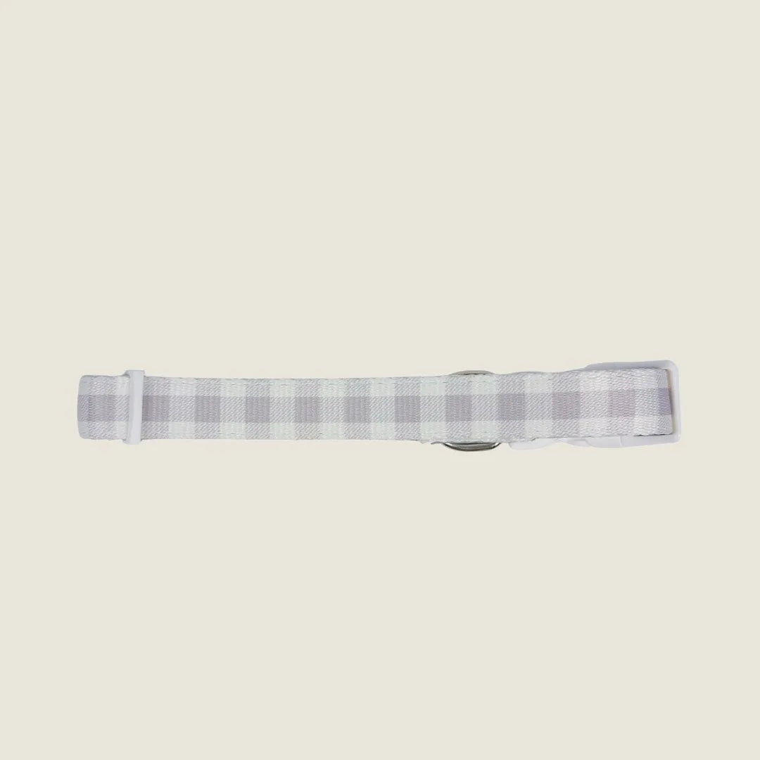 Adjustable Sugar Plum collar in a light grey checkered pattern, featuring neoprene padding and durable polyester webbing.