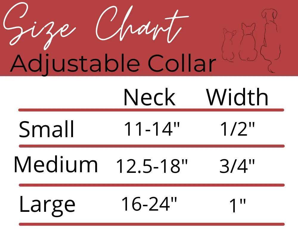 Adjustable size chart for dog collars, listing neck sizes and widths for Small, Medium, and Large options.