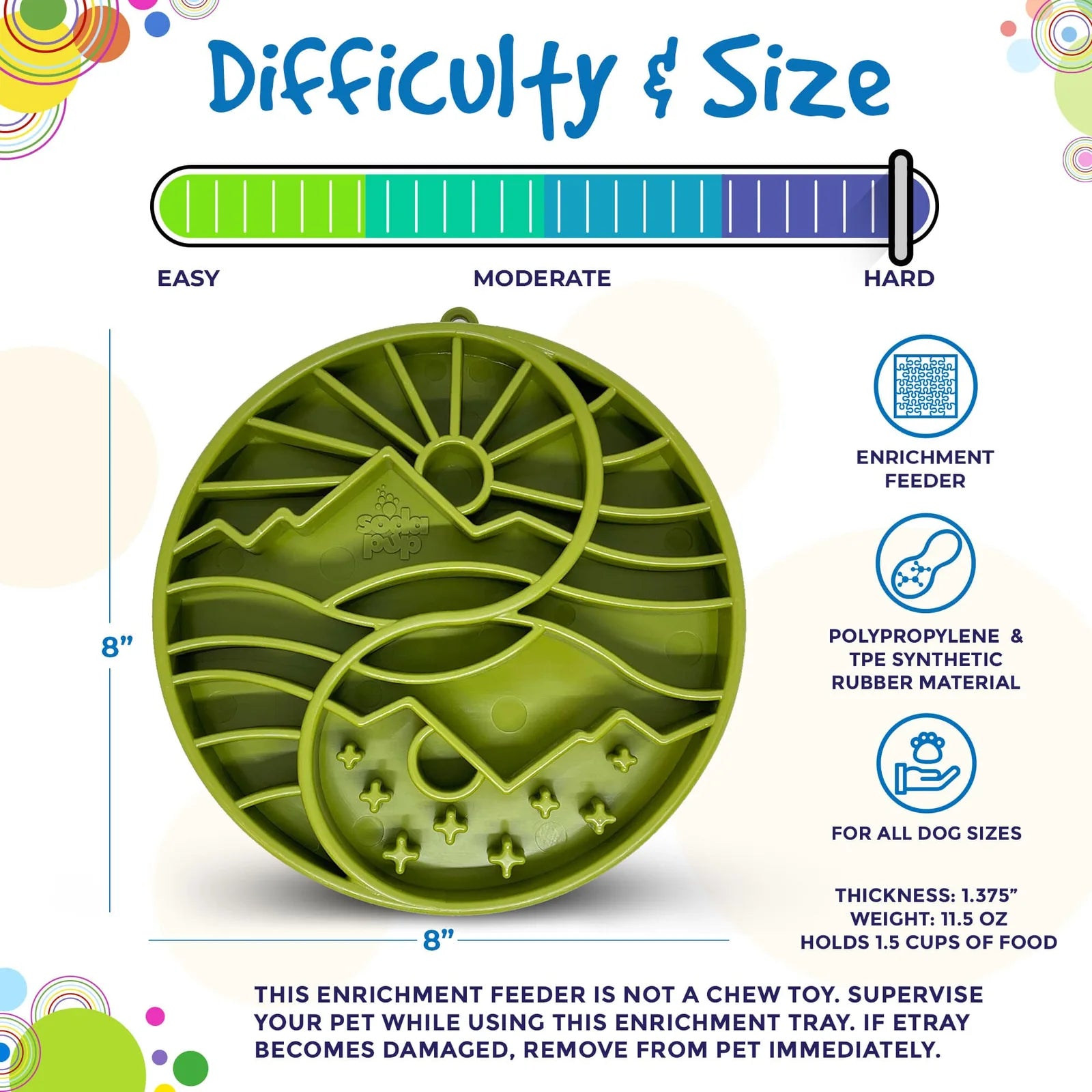 Green shallow slow feeder dog bowl featuring a sun and moon design, ideal for enriching mealtime.