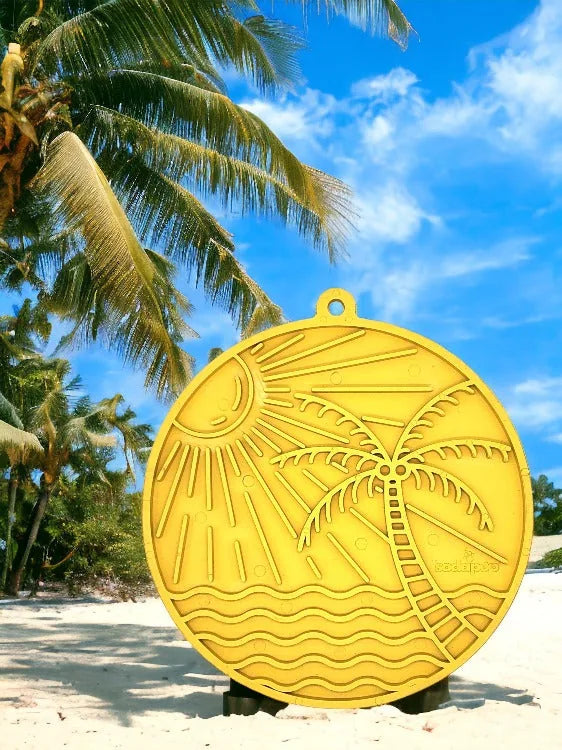 Sun n' Sea eMat in bright yellow featuring a beach design with sun and palm tree patterns, perfect for pets.