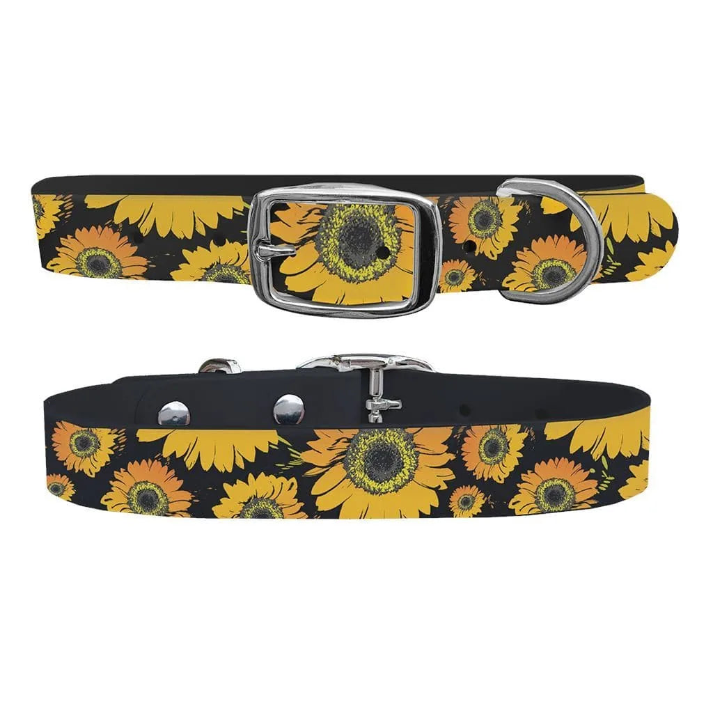 Bright yellow sunflowers on a black background adorn this durable dog collar by C4, designed for comfort and style.