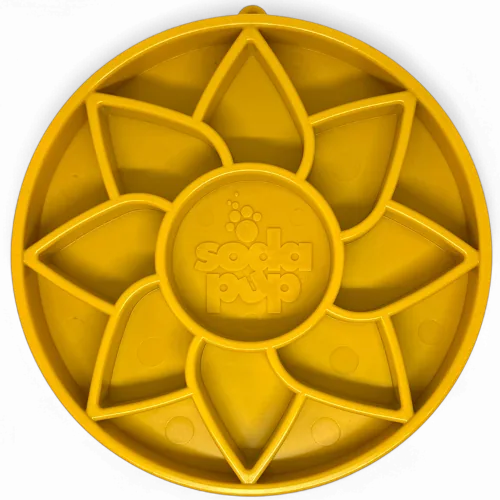Shallow yellow sunflower-shaped slow feeder dog bowl designed for enrichment and calming mealtime.