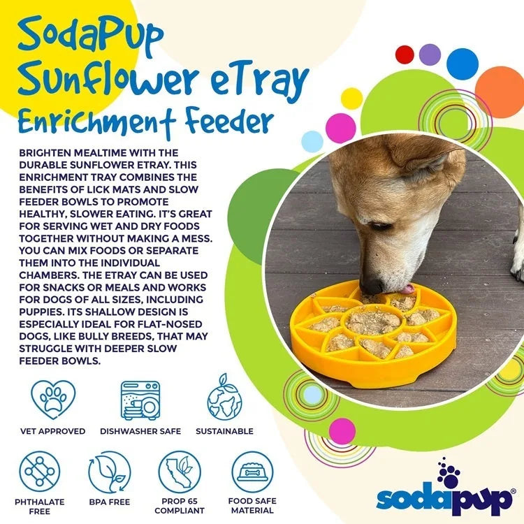 Bright yellow sunflower-shaped slow feeder bowl with shallow design, perfect for promoting slower eating in dogs.