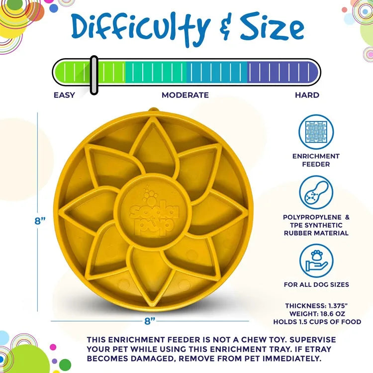 Bright yellow sunflower-shaped slow feeder bowl made from FDA-compliant rubber, designed for enriching dog mealtimes.